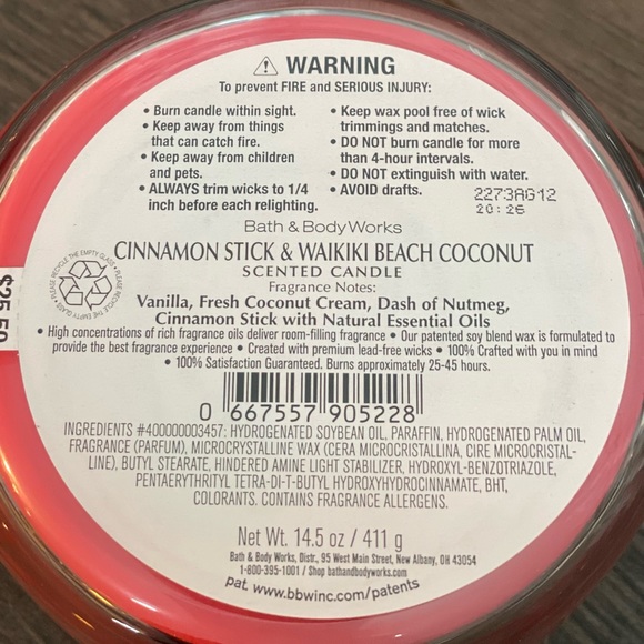 Bath & Body Works Cinnamon Stick & Waikiki Beach Coconut 3 Wick Candle RARE New - Picture 4 of 9
